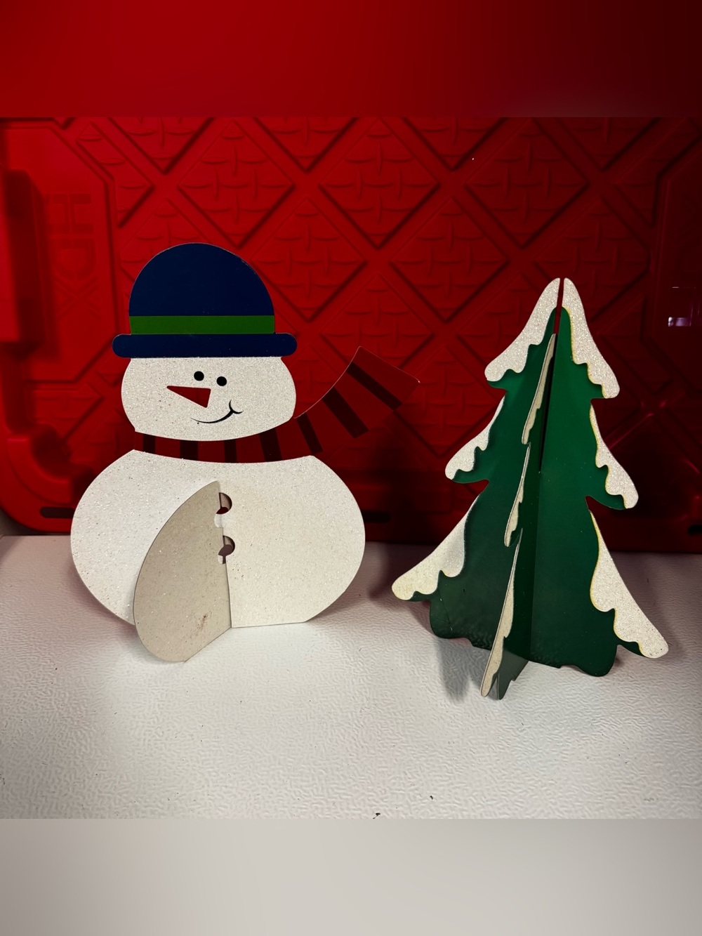 Festive White Snowman & Green Tree Holiday Table Decor